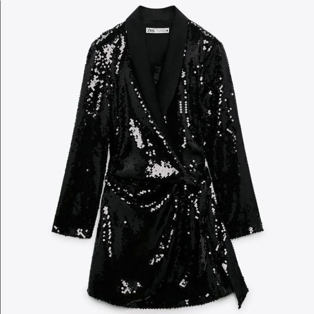 Zara Black Sequin Wrap Dress Medium